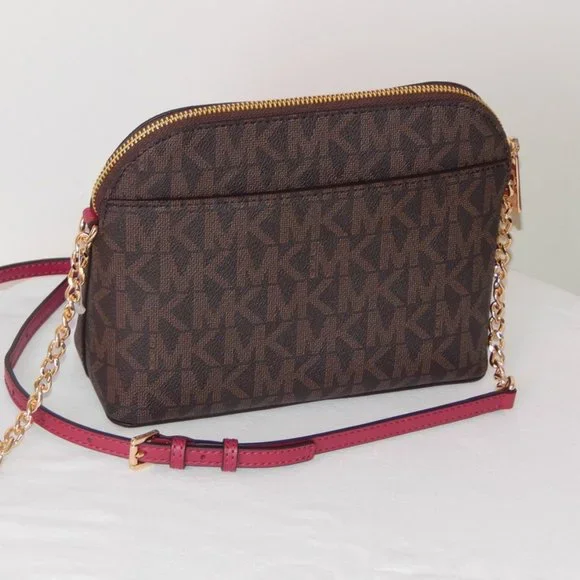 NWT MICHAEL KORS MK MONOGRAM Center Stripe CINDY LG Dome CHAIN XBODY BAG Berry